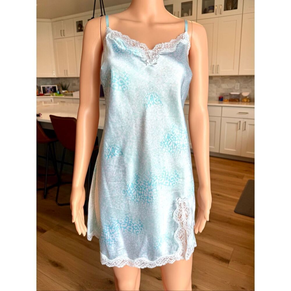 Victoria's Secret I Do Light Blue Leopard Satin Lace Slip Dress Large Nightgown